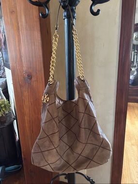 Tory Burch Taupe Quilted Leather Hobo with Gold Chain